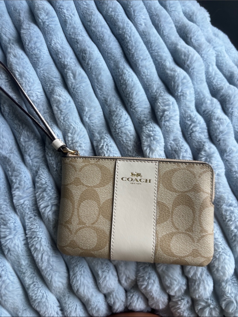 Coach Khaki Canvas Wristlet with Chalk Center Stripe